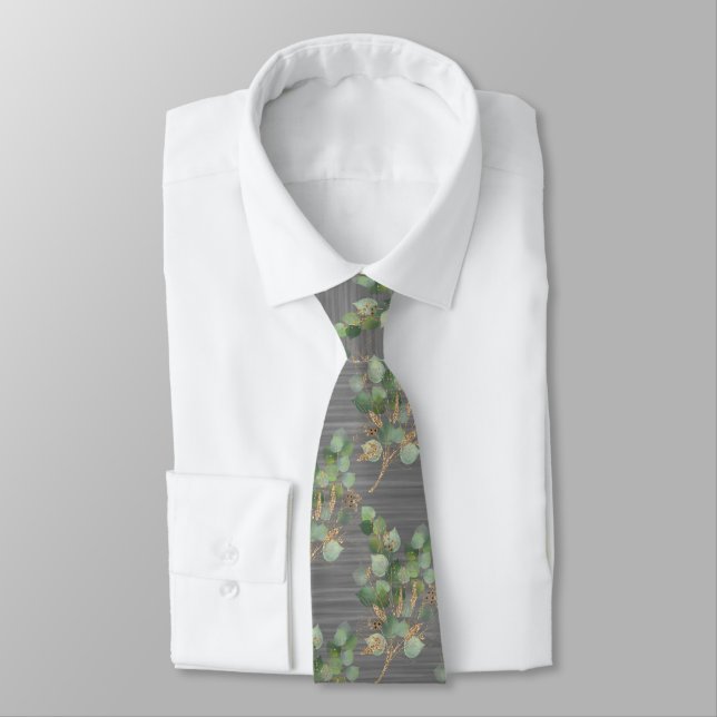 SAGE GREEN BRUSHED METAL SILVER BOTANICAL MENS TIE (Tied)