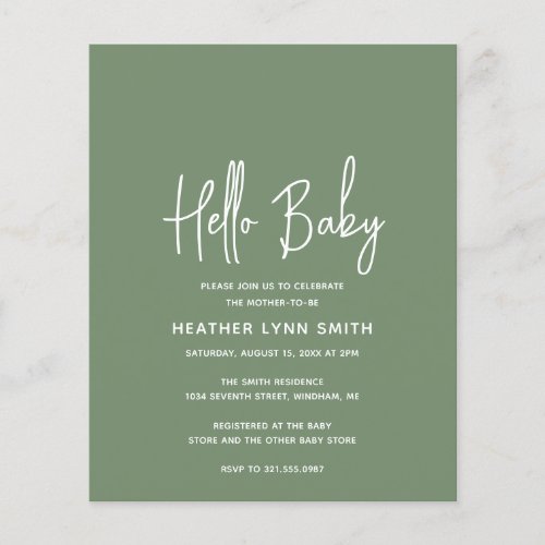 Sage Green Budget Hello Baby Shower Invitation