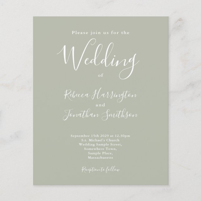Sage Green Budget Modern Script Wedding Invitation (Front)