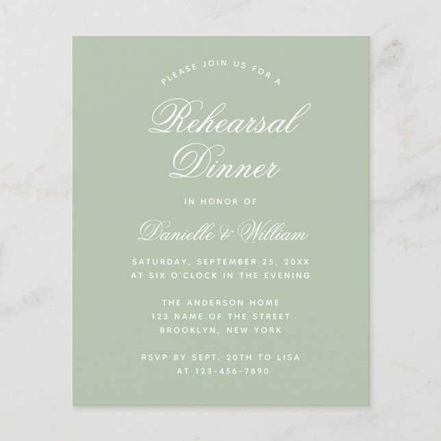Sage Green Budget Rehearsal Dinner Invitation (Front)