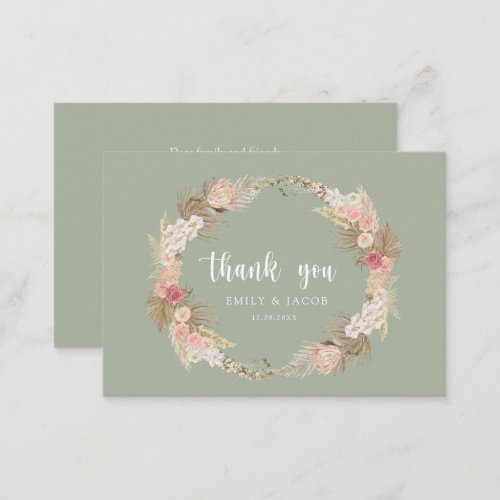 Sage Green Budget wedding Boho wreath thank you Note Card