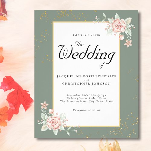 Sage Green Budget Wedding Invitation Pink Peony Flyer