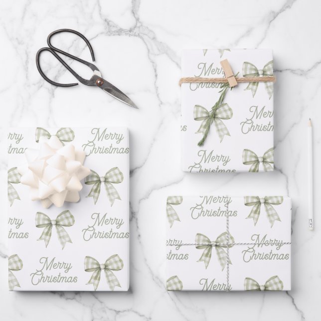 Sage Green Buffalo Plaid Bow Merry Christmas Wrapping Paper Sheets (Front)