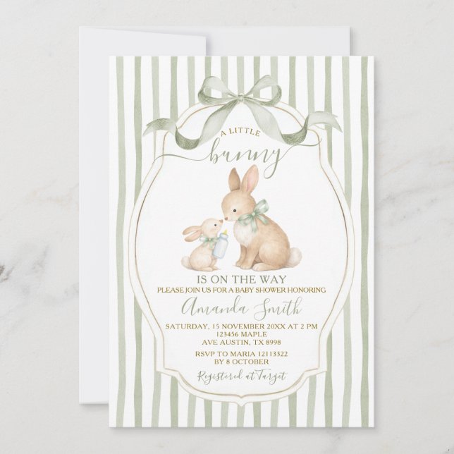 Sage Green Bunny Baby Shower Dusty Green Invitation (Front)