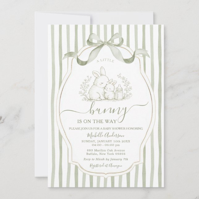 Sage Green Bunny Easter Spring Baby Shower Invitation (Front)