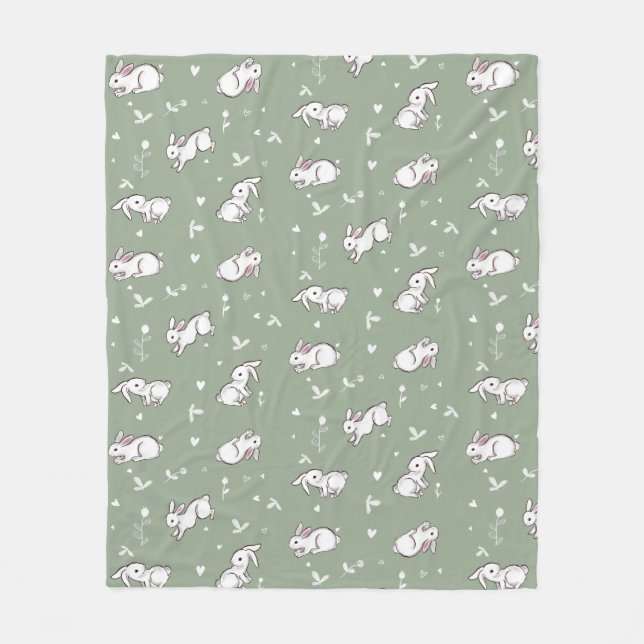 Sage Green Bunny Patterned Fleece Blanket (Front)