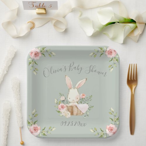 Sage Green Bunny Rabbit Baby Shower Paper Plates