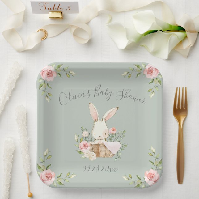 Sage Green Bunny Rabbit Baby Shower Paper Plates (Wedding)