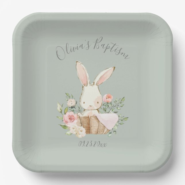 Sage Green Bunny Rabbit Girl Baby Baptism Paper Plates (Front)