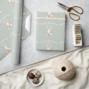 Sage Green Bunny Rabbit Girl Personalized Wrapping Paper