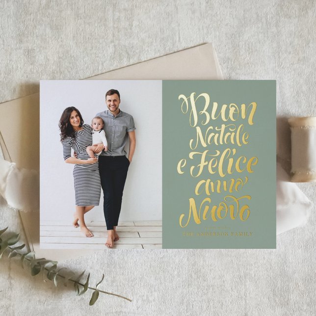 Sage Green Buon Natale Calligraphy Christmas Photo Foil Holiday Card (Creator Uploaded)