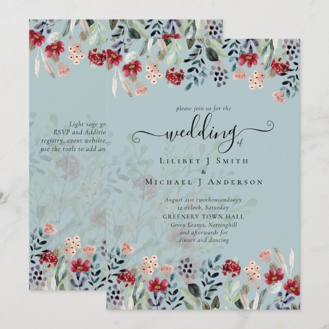 Sage Green Burgundy Blue Floral Wedding (Front/Back)