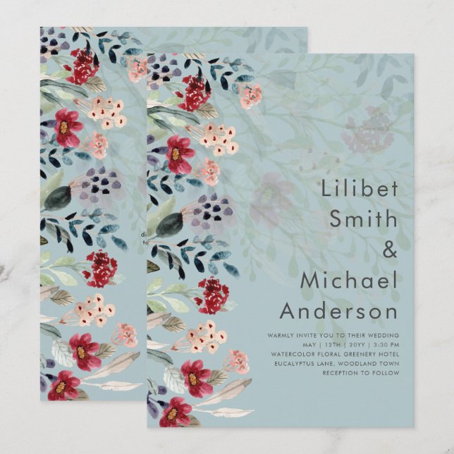 Sage Green Burgundy Blue Floral Wedding Invitation (Front/Back)