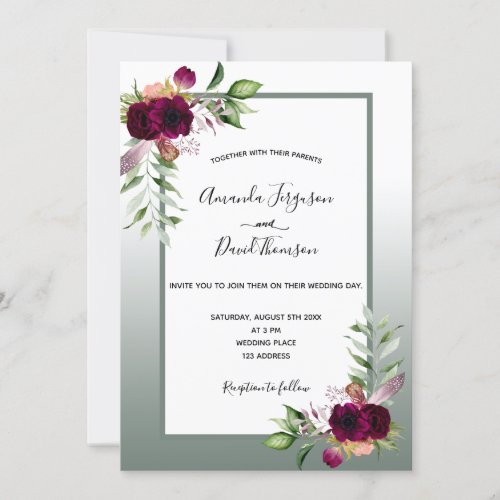 Sage green burgundy bogo florals wedding invitation