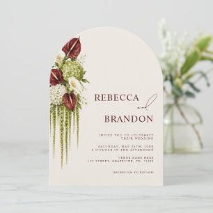 Sage Green & Burgundy Floral QR Code Arch Wedding Invitation