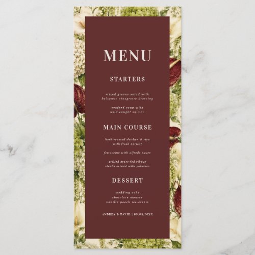 Sage Green &Burgundy Floral Tropical Bloom Wedding Menu