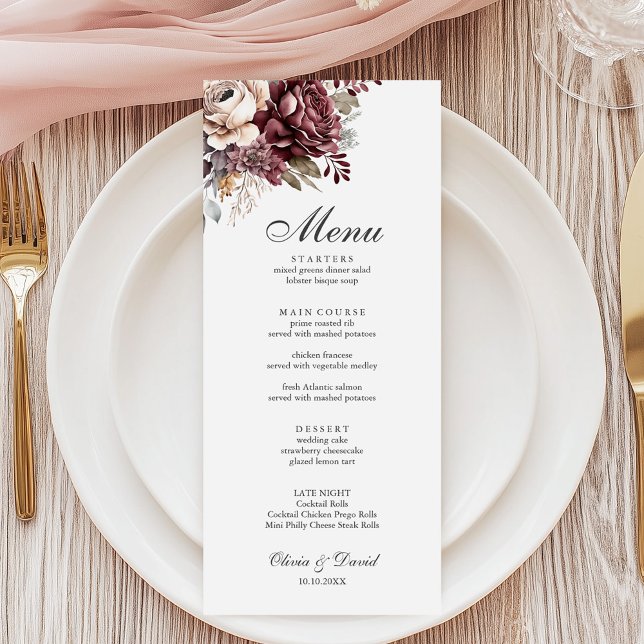 Sage Green & Burgundy Floral Wedding Menu (Sage Green & Burgundy Floral Wedding Menu on an elegant wedding table.)