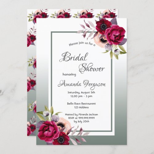 Sage green burgundy florals bridal shower invitation