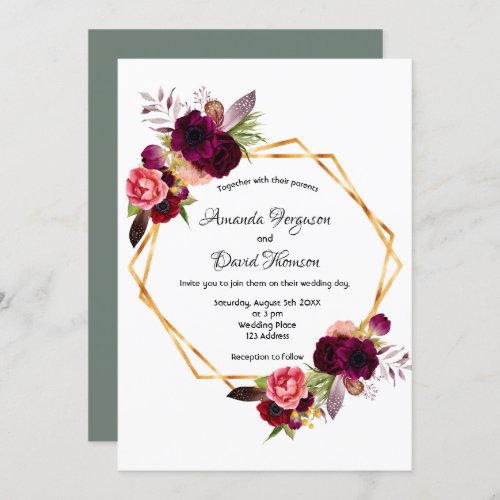 Sage green burgundy florals gold geometric wedding invitation