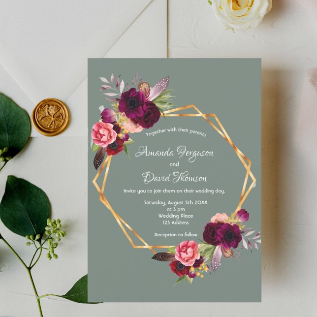 Sage green burgundy florals gold geometric wedding invitation (Creator Uploaded)