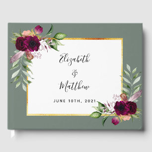 Sage Green Burgundy florals wedding Guest Book