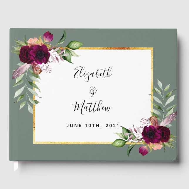 Sage Green Burgundy florals wedding Guest Book (Front)