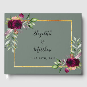 Sage Green Burgundy florals wedding Guest Book