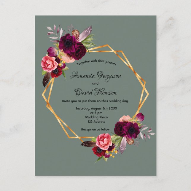 Sage green burgundy florals wedding invitation postcard (Front)