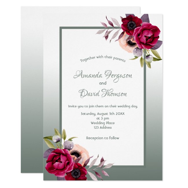 Sage green burgundy watercolored florals wedding invitation