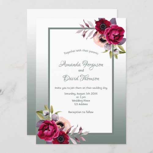 Sage green burgundy watercolored florals wedding invitation