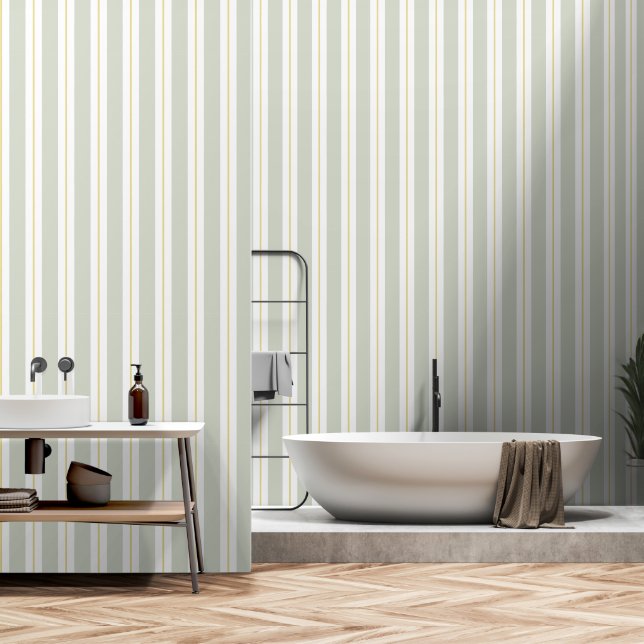 Sage Green Buttercup Yellow 3 Inch Awning Stripe Wallpaper (Bathroom)