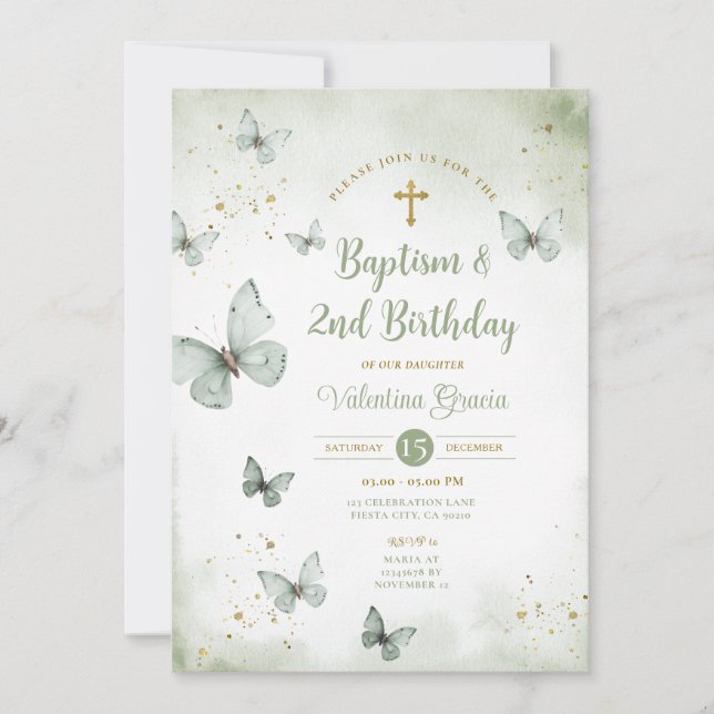 Sage Green Butterfly Girl 3rd Birthday Baptism Invitation (Front)