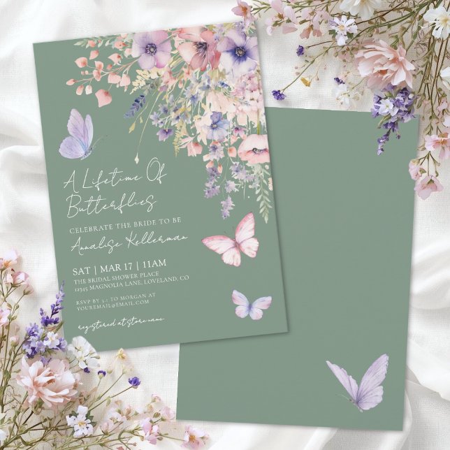 Sage Green Butterfly Wildflower Bridal Shower Invitation (Sage Green Butterfly Wildflower Bridal Shower Invitation)