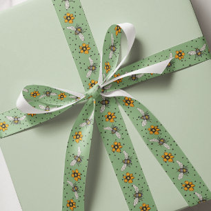 Sage Green Buzzing Bees & Cosmos Flower Blooms Grosgrain Ribbon