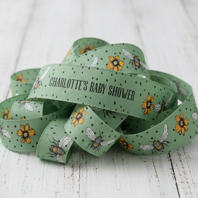 Sage Green Buzzing Bees Thank You Baby Shower Grosgrain Ribbon (Sweet as Can Bee Baby Shower Ribbon. Bees, Flowers & Polka Dots Pattern for Mommy to Be or Birthday)
