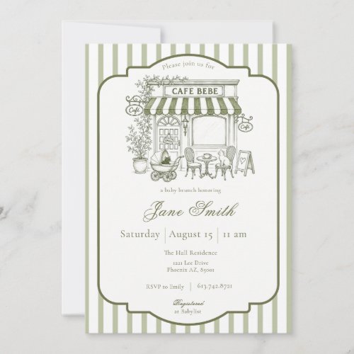 Sage Green Cafe Bebe Kitten Baby Shower Invitation