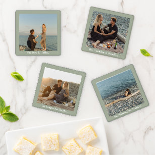 Sage Green Calligraphy Add Your Own Photo  Coaster Set