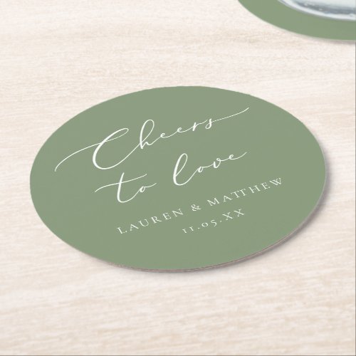 Sage Green Calligraphy Cheers to Love Wedding Round Paper Coaster