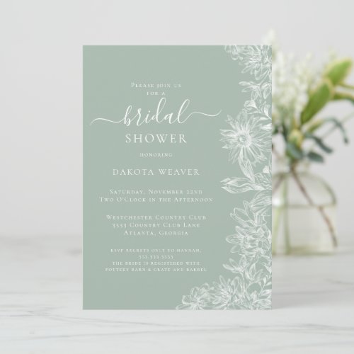 Sage Green Calligraphy Floral Bridal Shower Invitation