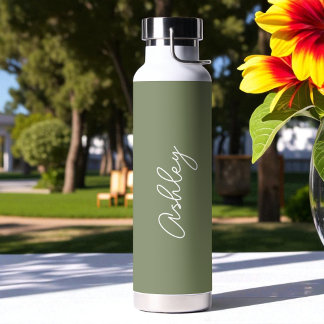 Sage Green Calligraphy Handwriting Name Water Bottle