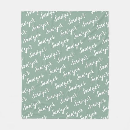 Sage Green Calligraphy Personalized Repeat Name Fleece Blanket