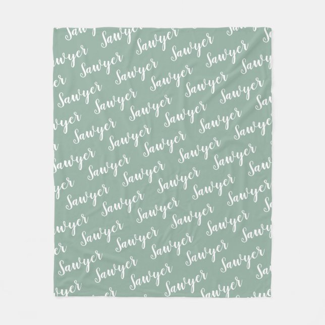 Sage Green Calligraphy Personalized Repeat Name Fleece Blanket (Front)