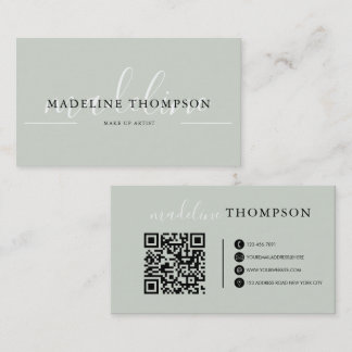 Sage Green Calligraphy Script QR code Business Card