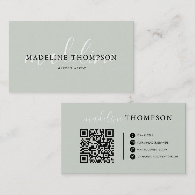 Sage Green Calligraphy Script QR code Business Card (Front/Back)