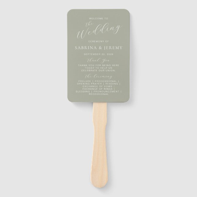 Sage Green Calligraphy Script Wedding Program Hand Fan (Front)