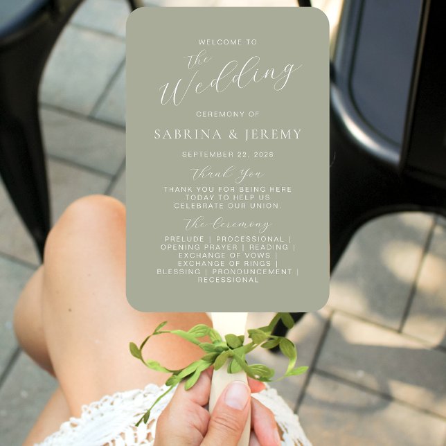 Sage Green Calligraphy Script Wedding Program Hand Fan (Creator Uploaded)