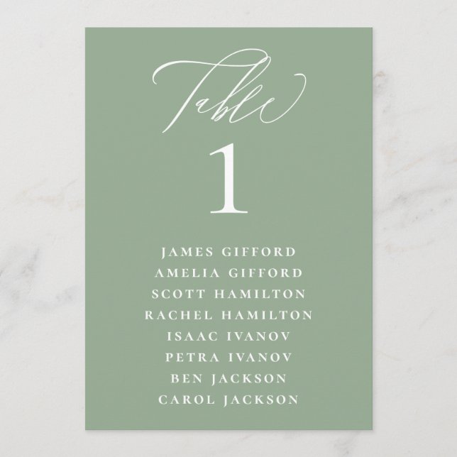 Sage Green Calligraphy Seating Chart Table Number (Front)