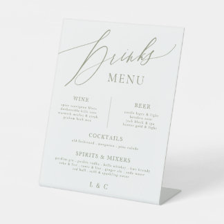 Sage Green Calligraphy Wedding Bar Drink Menu Pedestal Sign