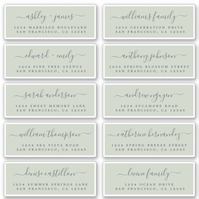Sage Green Calligraphy Wedding Guest Address Sticker (Front)