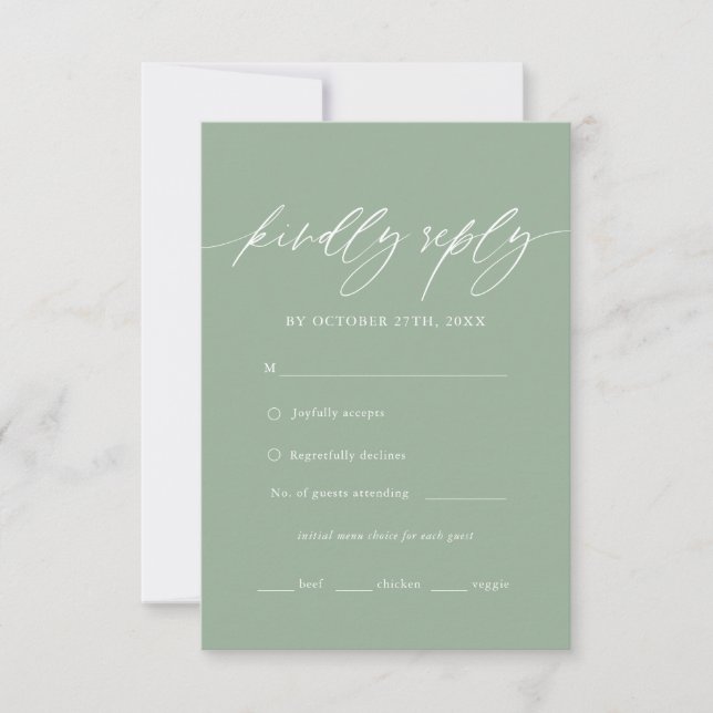 Sage Green Calligraphy Wedding Menu Choice RSVP (Front)